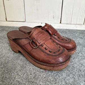 Front Row Leather Clogs Women Size 7.5 8 Wood Platform Chunky Woven Stud Brazil